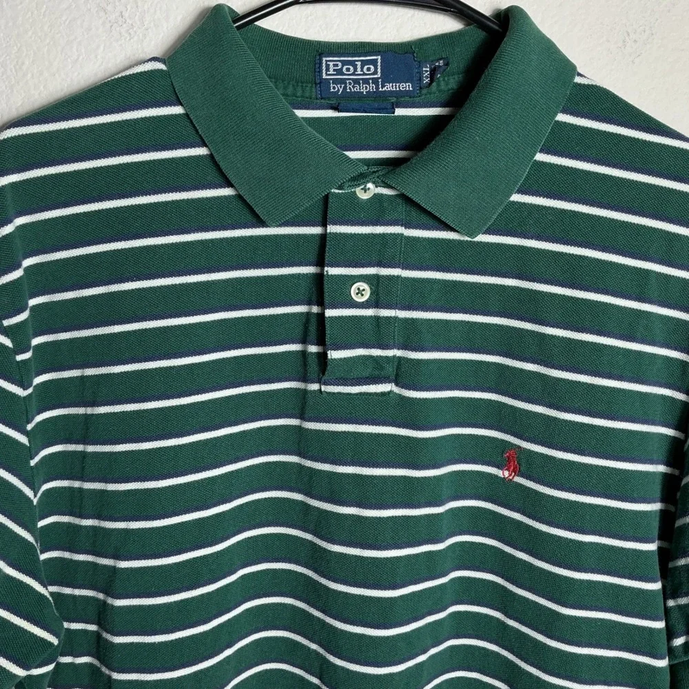 Polo Ralph Lauren‎ Polo Shirt Mens XXL Green White Striped Custom Fit Red Pony